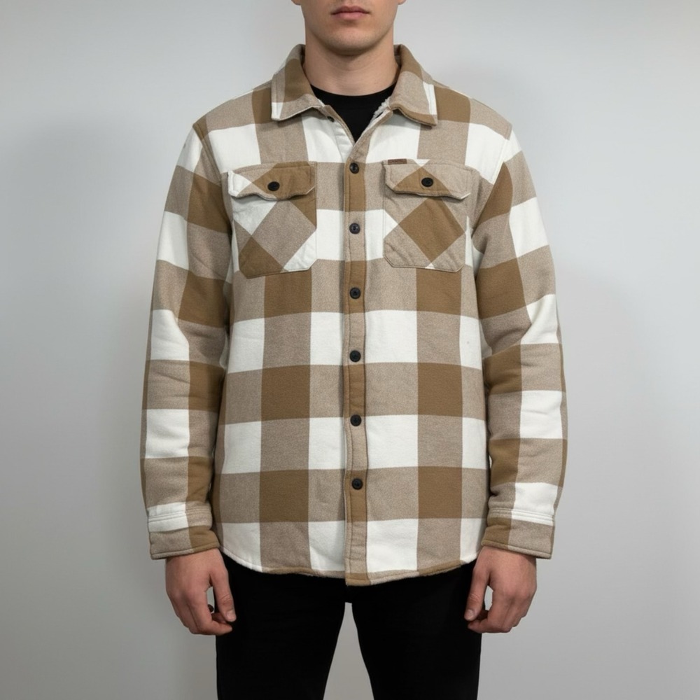 Matix Mens Sherpa Lined Flannel Shirt Jacket Tan White Buffalo Plaid Size M